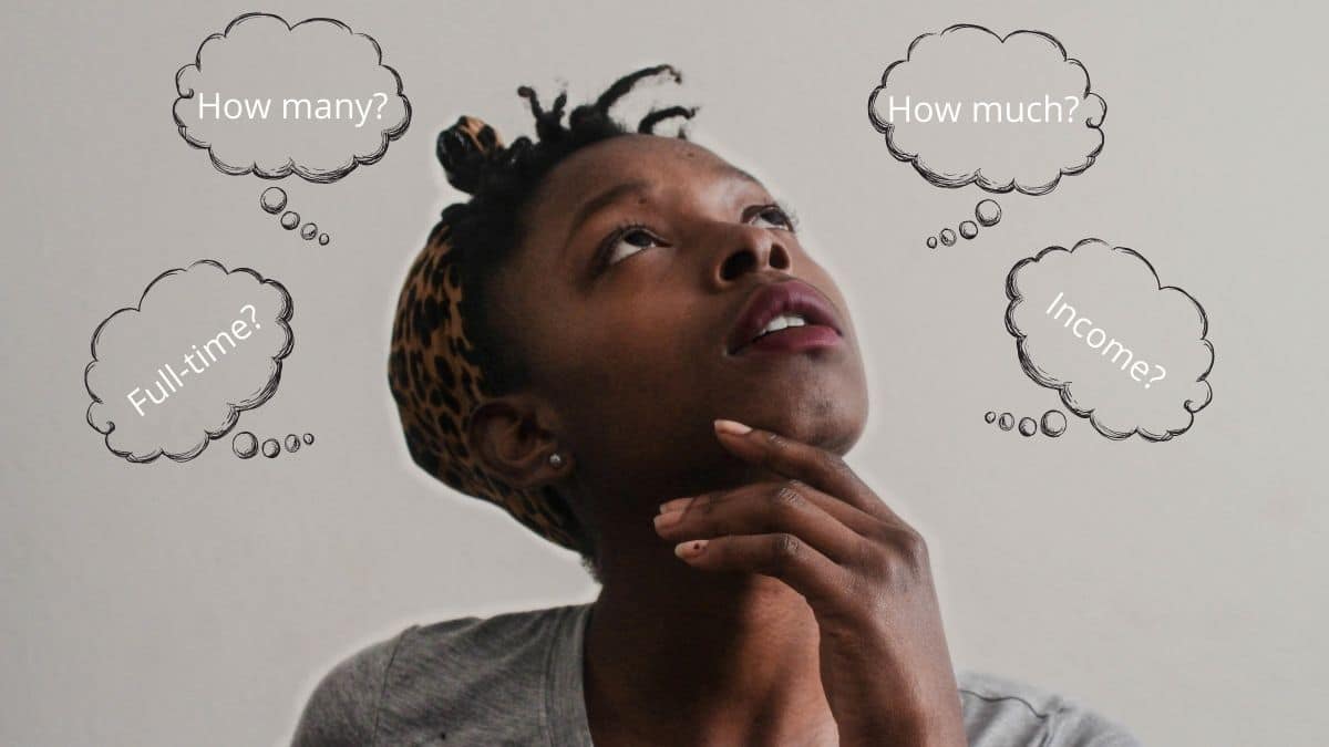 A black woman looking up thinking with thought bubbles near her head