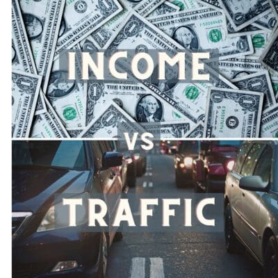 The words income vs traffic over two photos, one a bunch of dollar bills and the other traffic on a street
