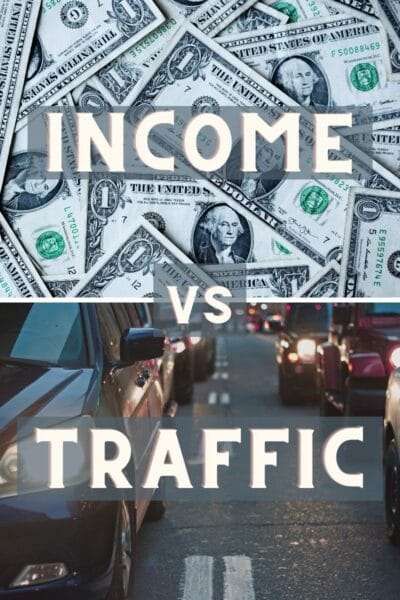 The words income vs traffic over two photos, one a bunch of dollar bills and the other traffic on a street