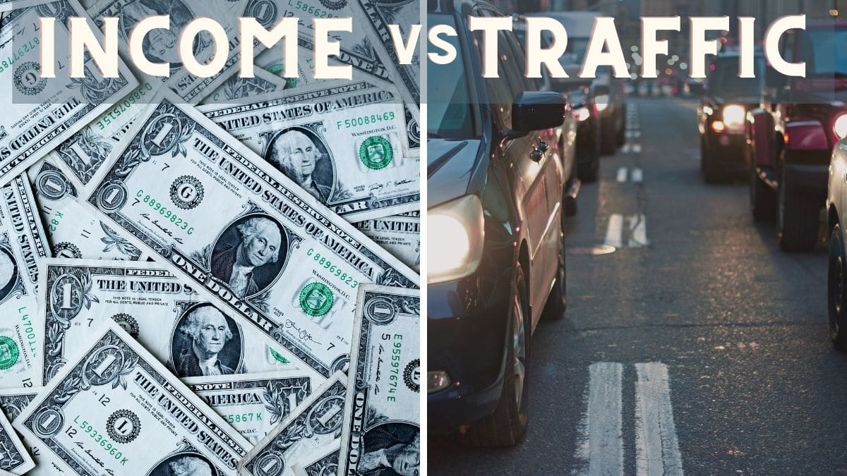 Money on the left and cars in traffic on the right with the words income vs traffic on the top
