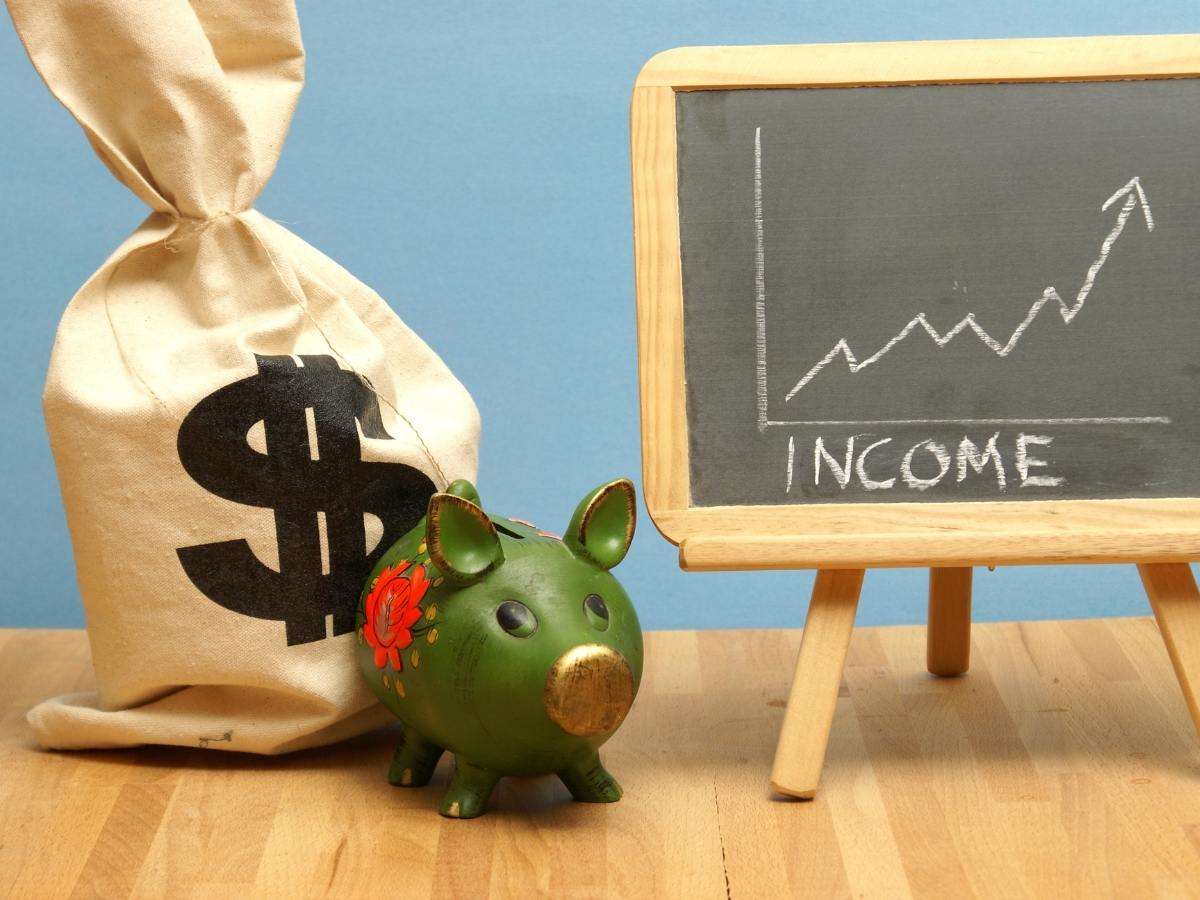 Bag with a dollar sign a piggy bank and a sign with an increasing income graph