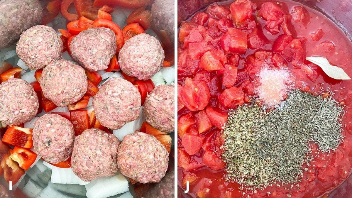 An example of a collage of process shot - meatballs on veggies and diced tomatoes and herbs on top