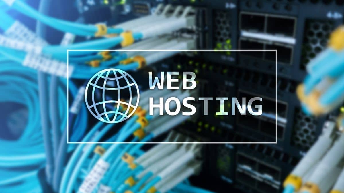 The words web hosting in front of a bunch of wires