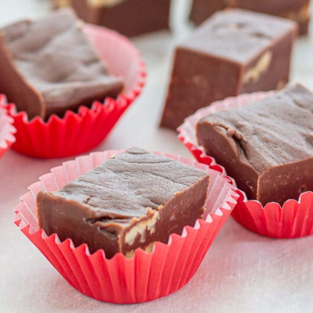 1200 X 1200 square feature photo example of Chocolate Fudge with nuts in red paper cups